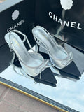 CHANEL Women Sling Sliver Pumps Chunky Heels