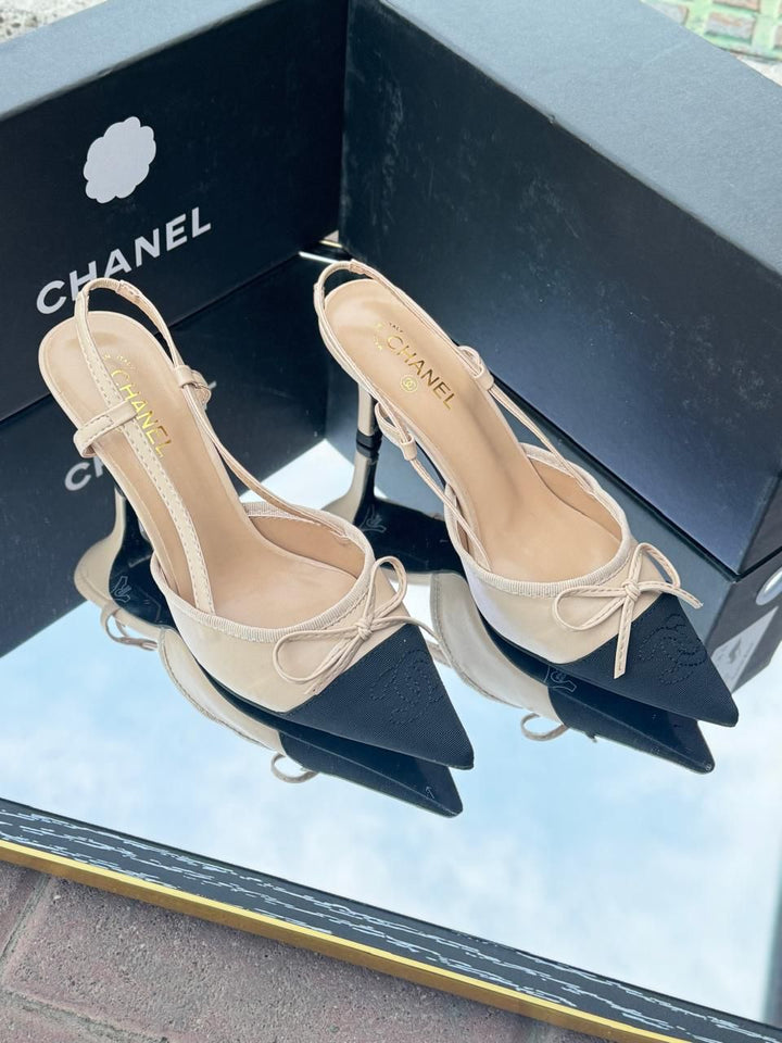 CHANEL Women Sling Beige Pumps Chunky Heels