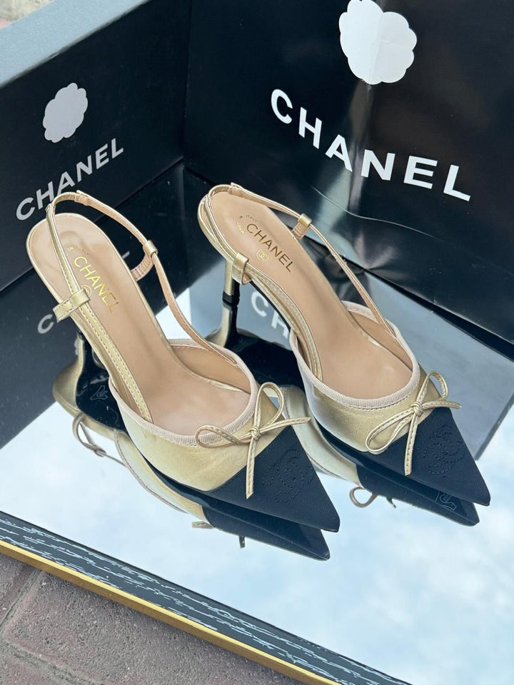 CHANEL Women Sling Gold Back Pumps Chunky Heels